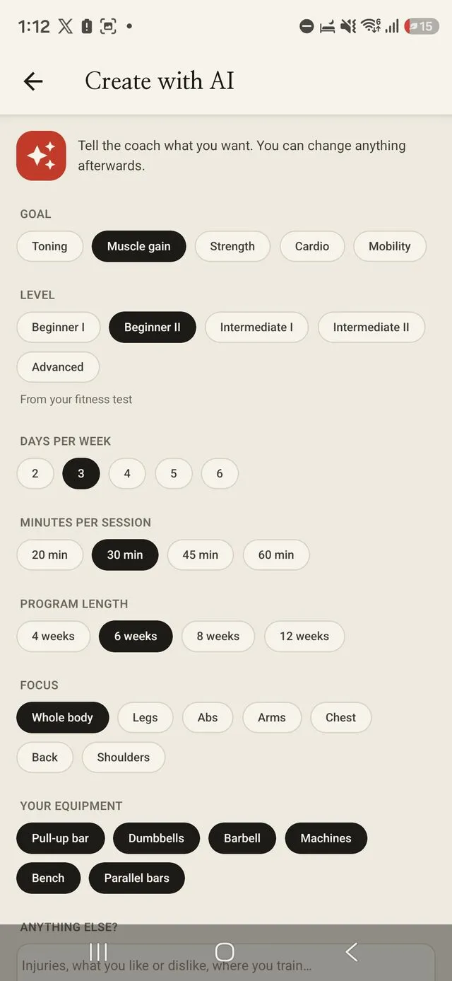 Yeonseup AI program builder showing the goal, level, schedule and equipment settings.
