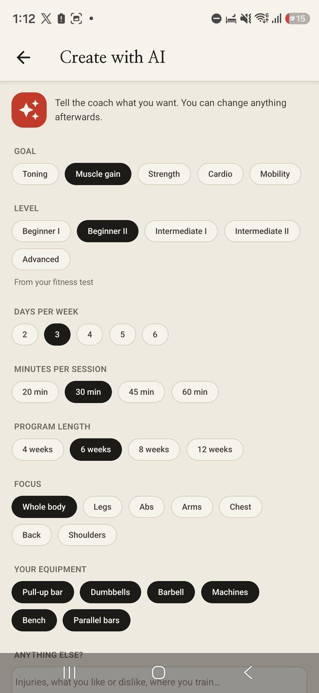 AI program creation form with goal, level, training frequency, duration, muscle focus and equipment