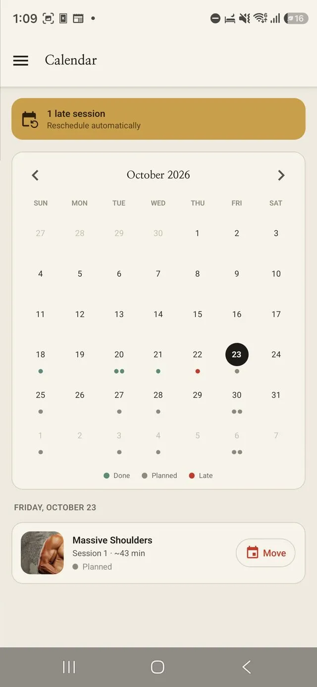 Yeonseup monthly training calendar with planned, done and late sessions.