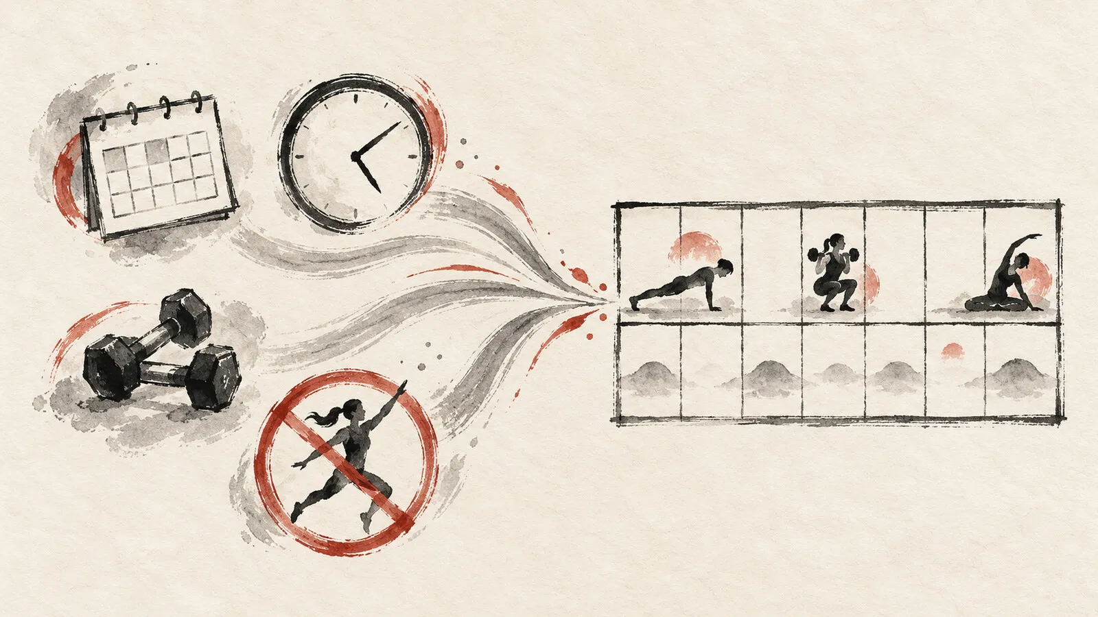 Calendar days, time, dumbbells and a no-jumping symbol flow into a weekly workout plan.