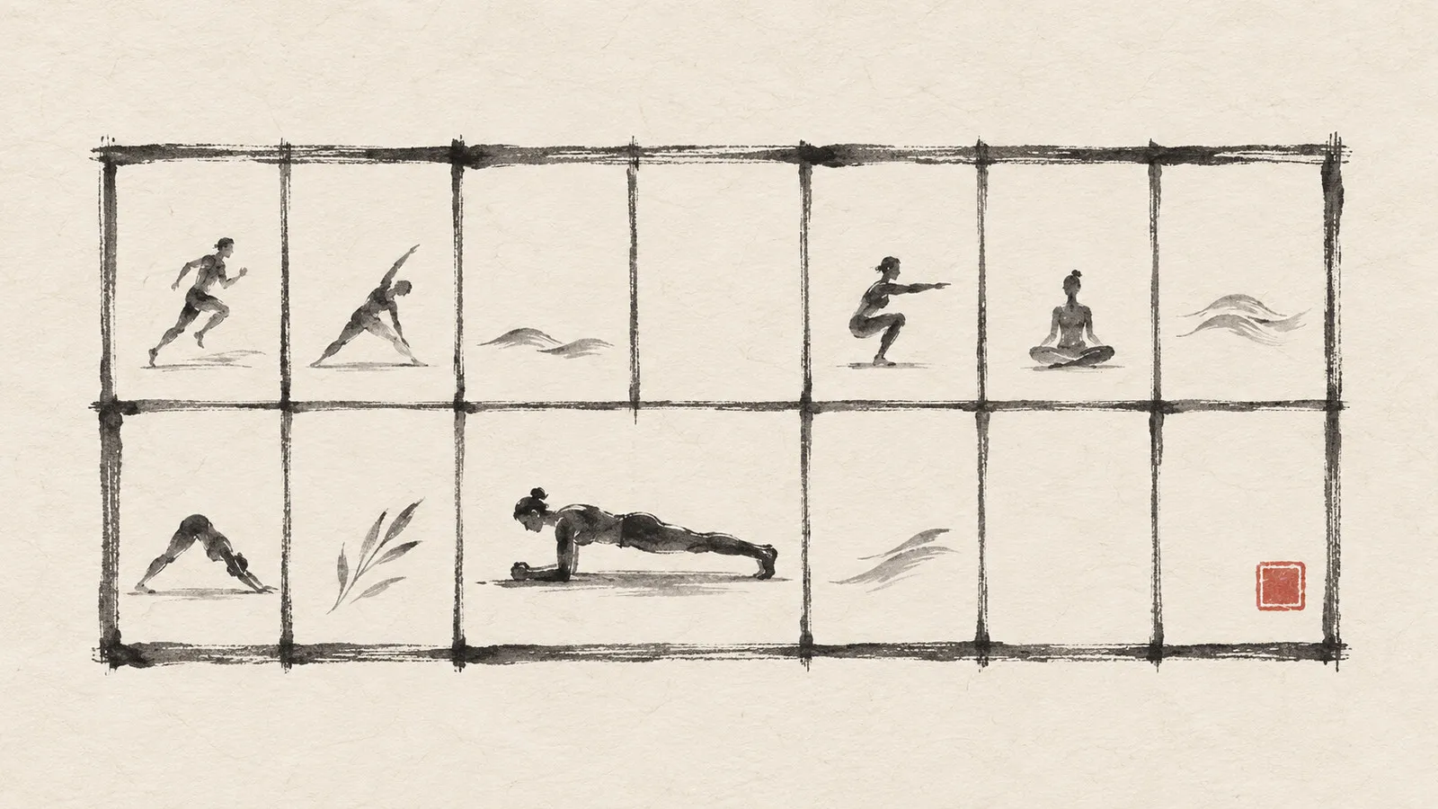 An ink-wash training week on hanji paper, with a figure holding a plank and a cinnabar seal.