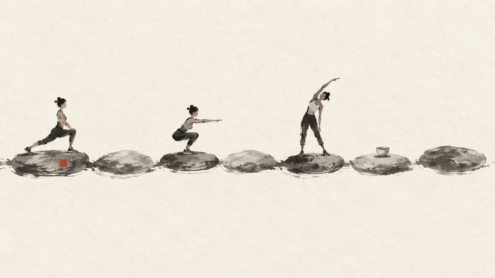 Seven ink-wash stepping stones on hanji paper, with training figures on three spaced stones, a teacup and a cinnabar seal.