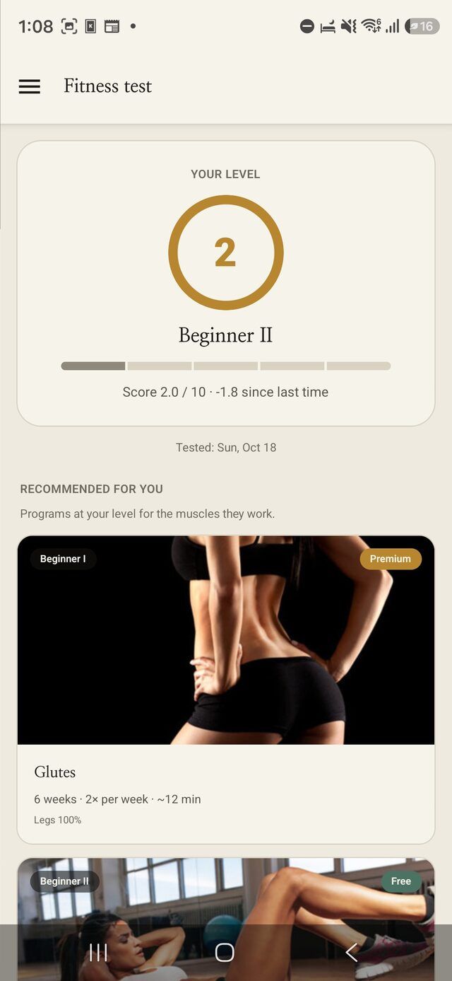 Fitness test results showing your level and recommended programs
