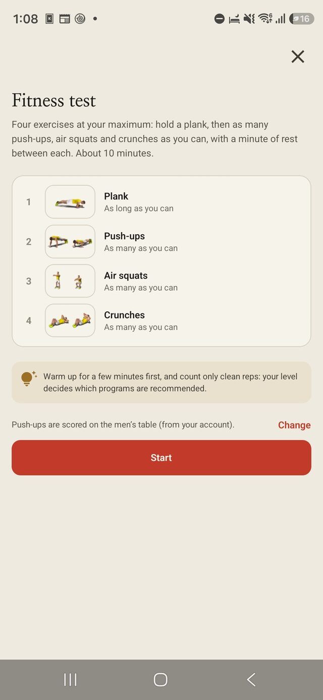 The fitness test screen listing plank, push-ups, air squats and crunches