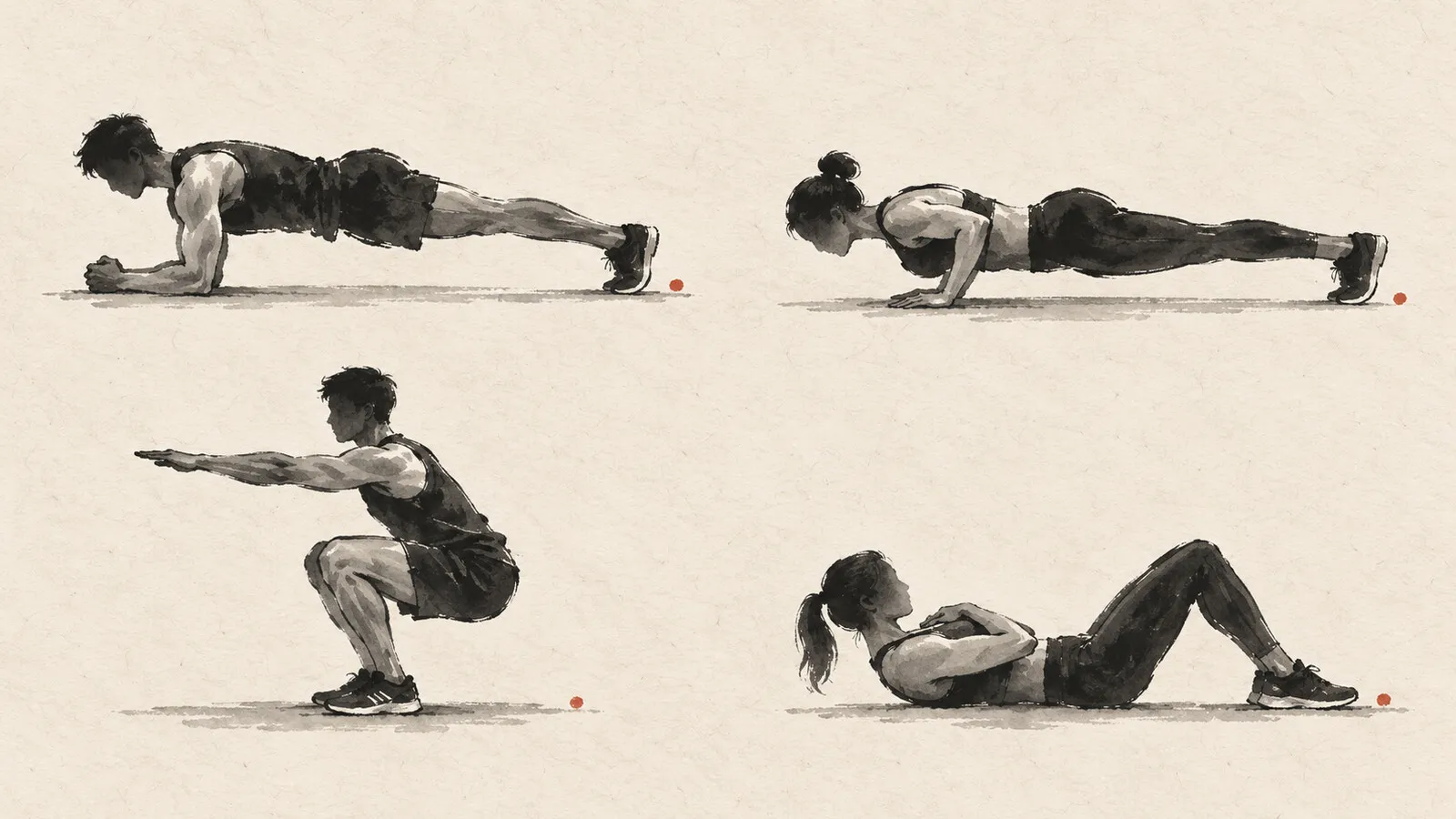 Ink silhouettes of a plank, push-up, squat and crunch, arranged from top left to bottom right.