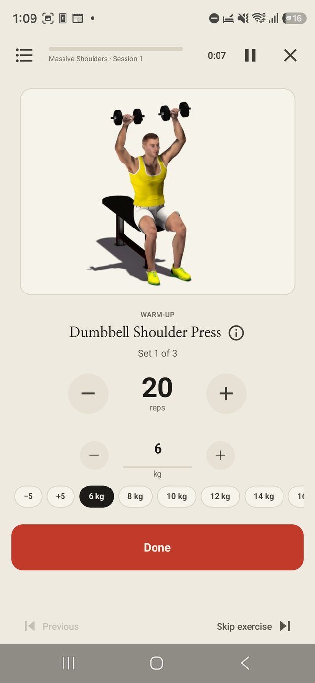 A guided dumbbell shoulder press with exercise demonstration, repetitions, weight and a timer