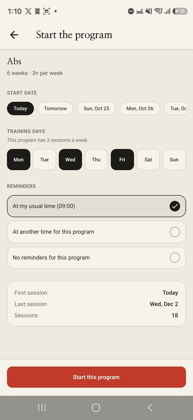 Program setup with a start date, training days and reminder settings