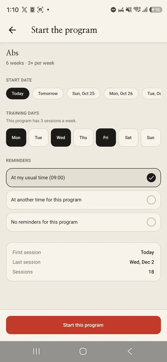 Yeonseup program setup with the start date, training days and reminder time.