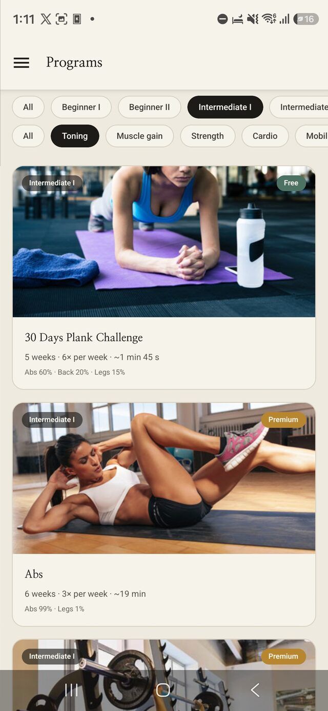 The program library with workout programs and their levels