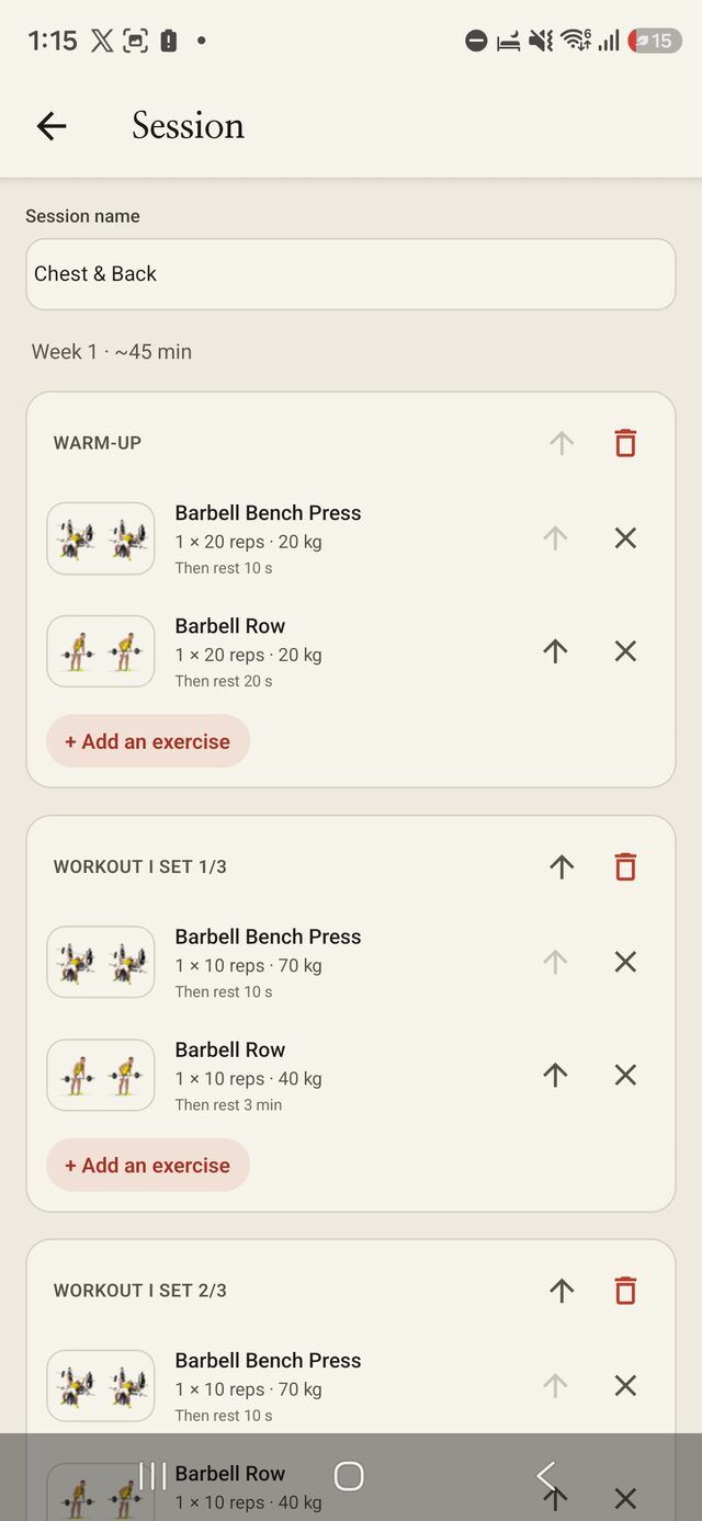 Workout session editor with warm-up, exercises, sets and rest times