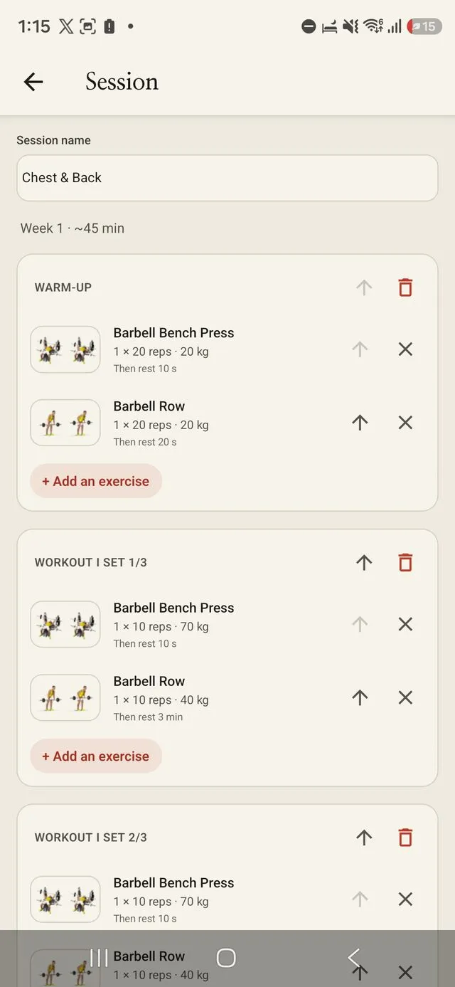 Yeonseup session plan showing the exercises and sets for a workout.